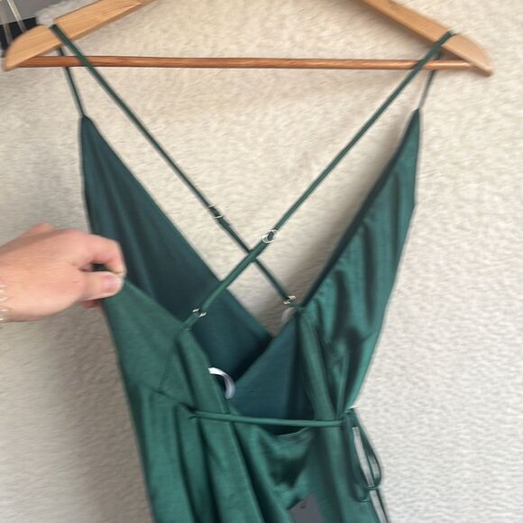 Lulus Fondly Loved Dark Green Satin Wrap Maxi Dress Womens XS - Picture 5 of 11
